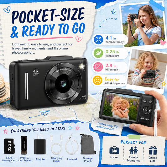 4K Digital Camera For Teen Students, 48MP Compact Photo Video Camcorder With 16X Digital Zoom, Portable Point‑and‑Shoot Camera With 32GB Card For Travel Daily Self‑Shooting