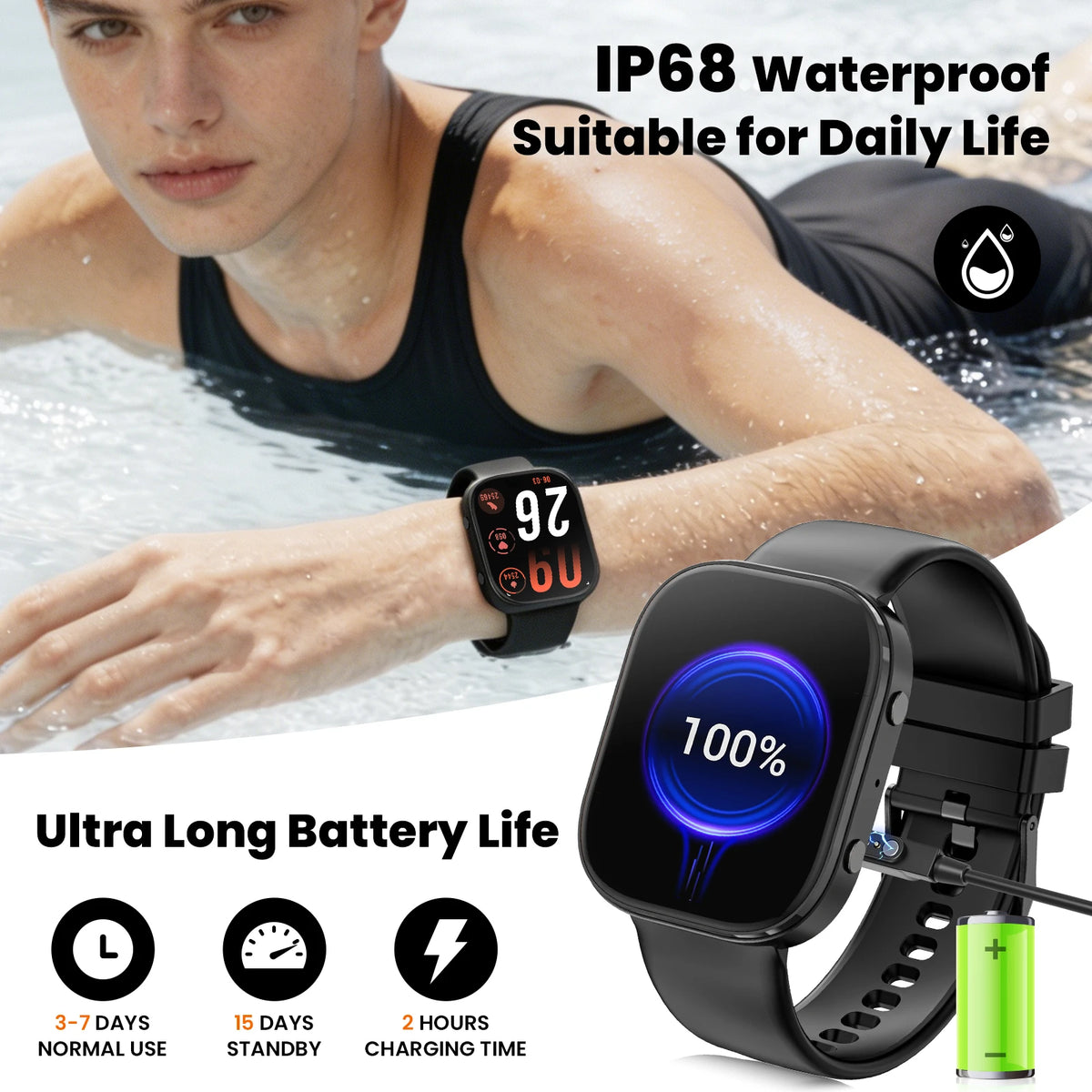 Y2 Smart Watch Bluetooth Call 1.88" TFT Screen IP67 Waterproof Fitness Watch Heart Rate Blood Oxygen Monitor 210mAh Magnetic Charging Sports Smartwatch for Android iOS