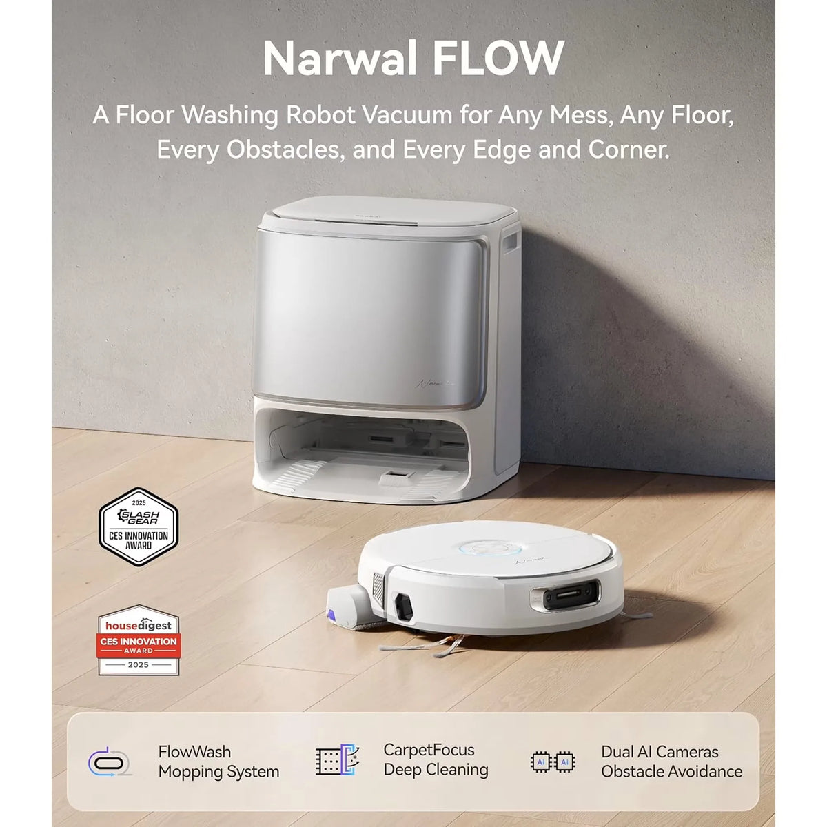 NARWAL Flow Robot Vacuum and Mop Combo, FlowWash Real-Time Self-Cleaning Track Mop, 22,000 Pa Suction, Dual-Camera AI Obstacle Avoidance, Carpet & Edge Cleaning, Self-Emptying Robot Vacuum,White