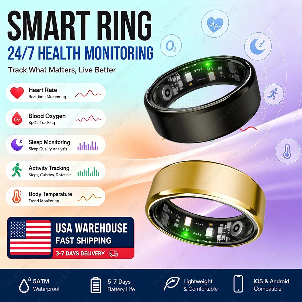 2026 Smart Ring Blood Pressure Heart Rate Sleep Monitoring Smartring IP68 & 5ATM Waterproof Multi-sport Smartring Man Women Shipped From US R100