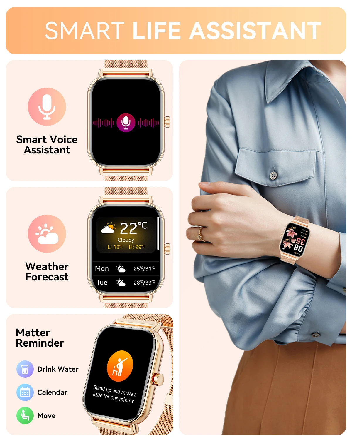 Women Fashion Smart Watch 1.85 Full Screen Bluetooth Calling Smartwatch Sleep Blood Oxygen Monitor Milan Strap Health Fitness