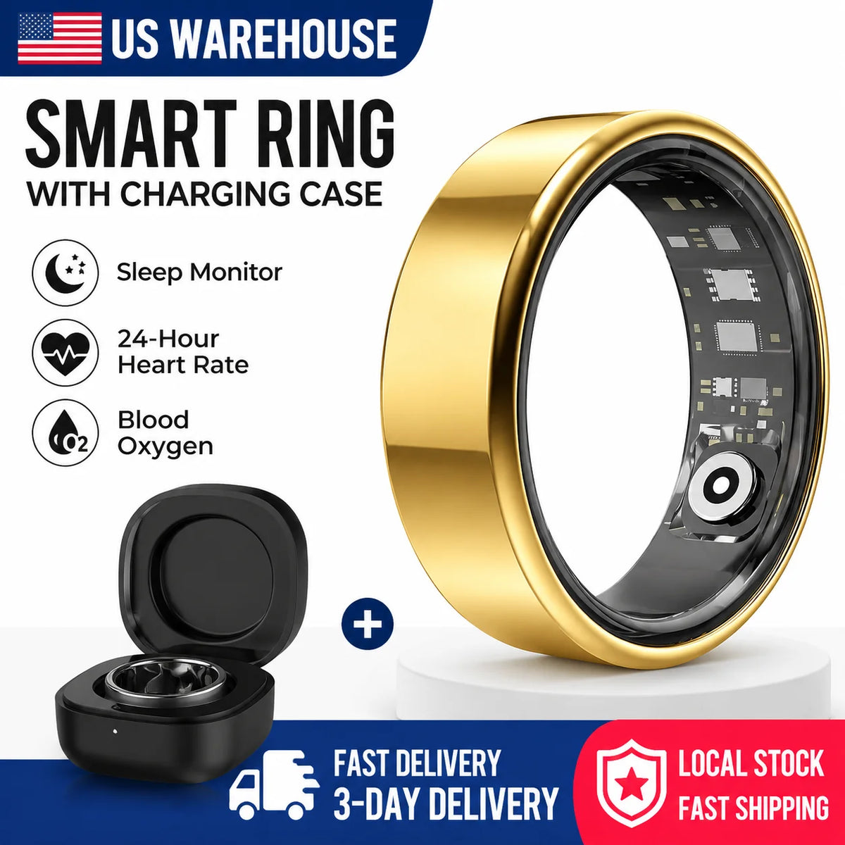 New 2026 SmartRing with Charger Case Heart Rate Blood Preasure Healthy Monitoring Waterproof Best Free Gift Free shipping fee from USA R100 Ring