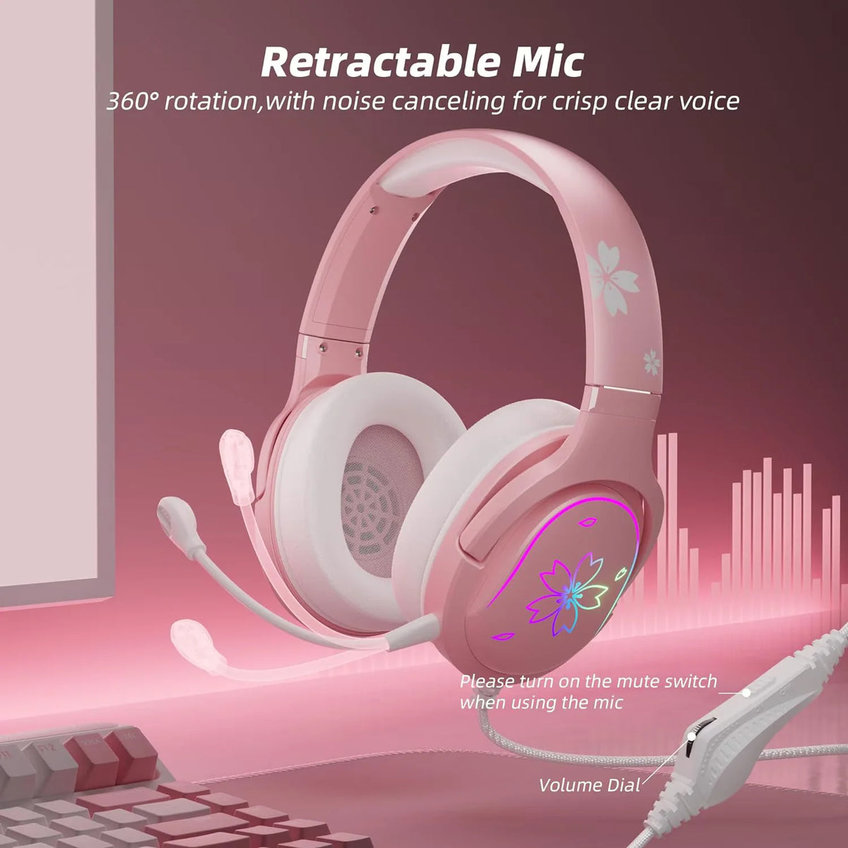 Cherry Blossom Stereo Gaming Headset for PS4/PS5/Xbox/PC/Mac/Switch, RGB Gradient Light Wired Gaming Headphones with Mic, Surround Sound Bass, Soft Memory Earmuffs for Kids & Girls/Women