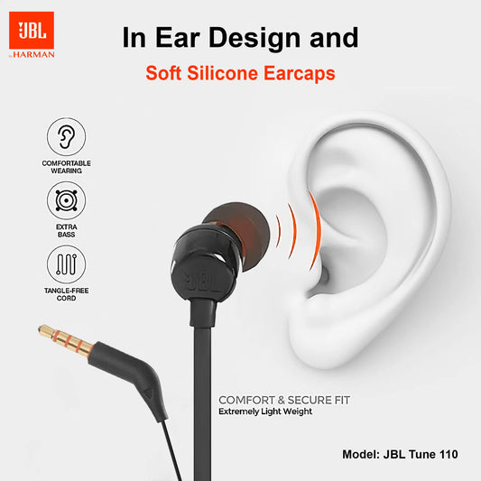 JBL TUNE110 In-Ear Headphones with Pure Bass Sound & a 3.5 mm Interface, Featuring a Built-In Microphone for Gaming and Phone Calls. Compatible with Smartphones, Gaming Consoles, and PlayStation Controllers. Soft Ear Tips wit