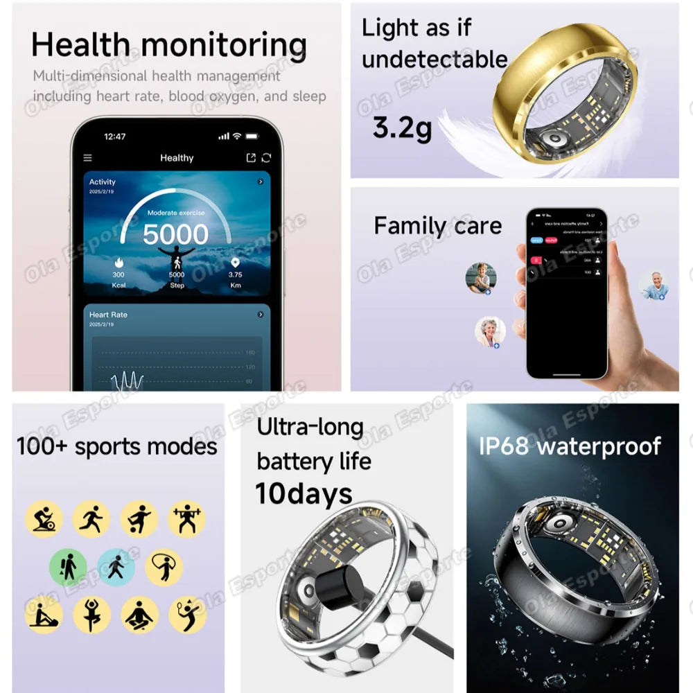 2026 Smart Ring Health Monitor Men Women Smart Rings Heart Rate Blood Oxygen Sleep IP68 Waterproof Vibration Alerts Multifunctional Finger Ring
