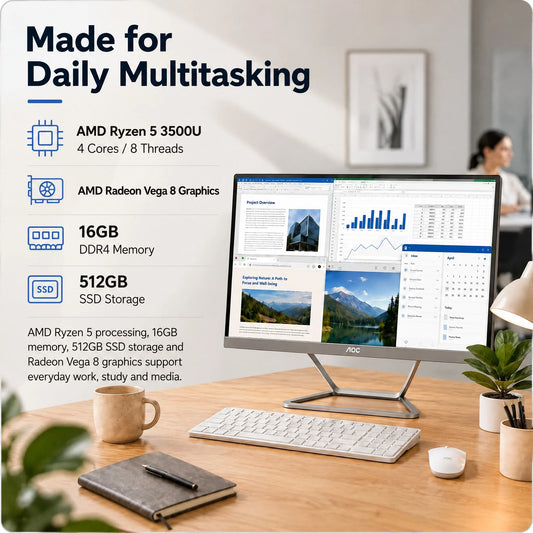 Aoc 23.8" All-In-One Pc Bundle, Amd Ryzen 5 3500U, 16Gb Ram, 512Gb Ssd, Radeon Vega 8 Graphics, Fhd 60Hz Display, Built-In Speakers, Wifi, Wireless Keyboard & Mouse Included, Home Office Computer