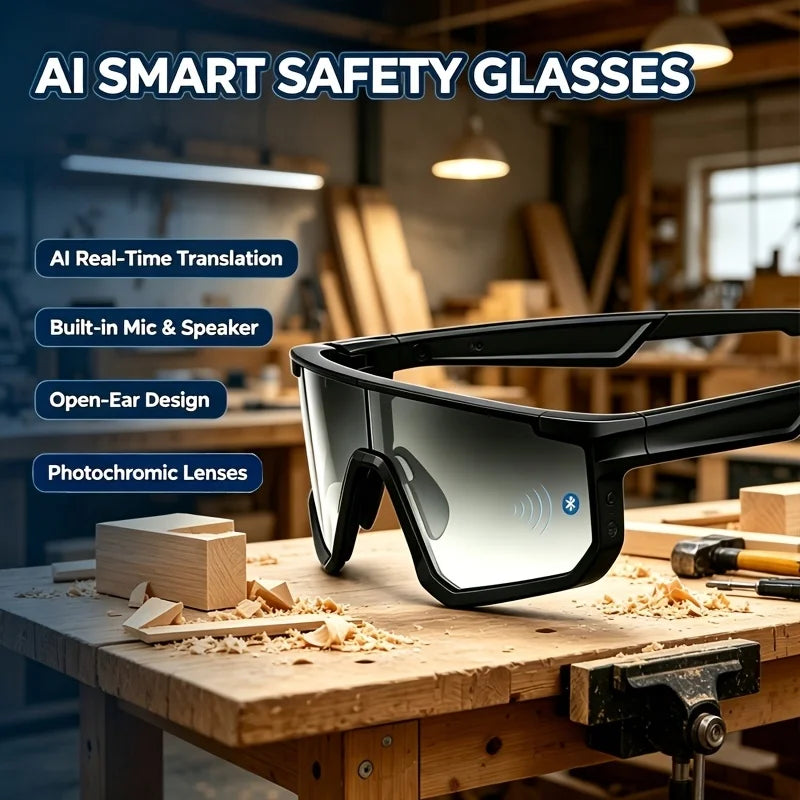 Multi‑Purpose Smart Protective Glasses, AI Real‑Time Translation Support 160 Languages, Photochromic Lens, Built‑in Microphone & Speaker for Music Playback, Fit for Sports Work Daily Use