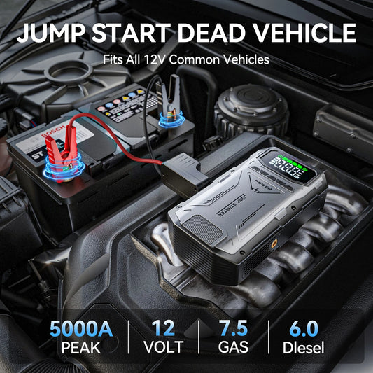 Portable Car Jump Starter With Air Compressor, 5000A Peak(7.5L Gas, 6.0L Diesel) , Jump Starter Battery PackWith150 PSl Tire Inf