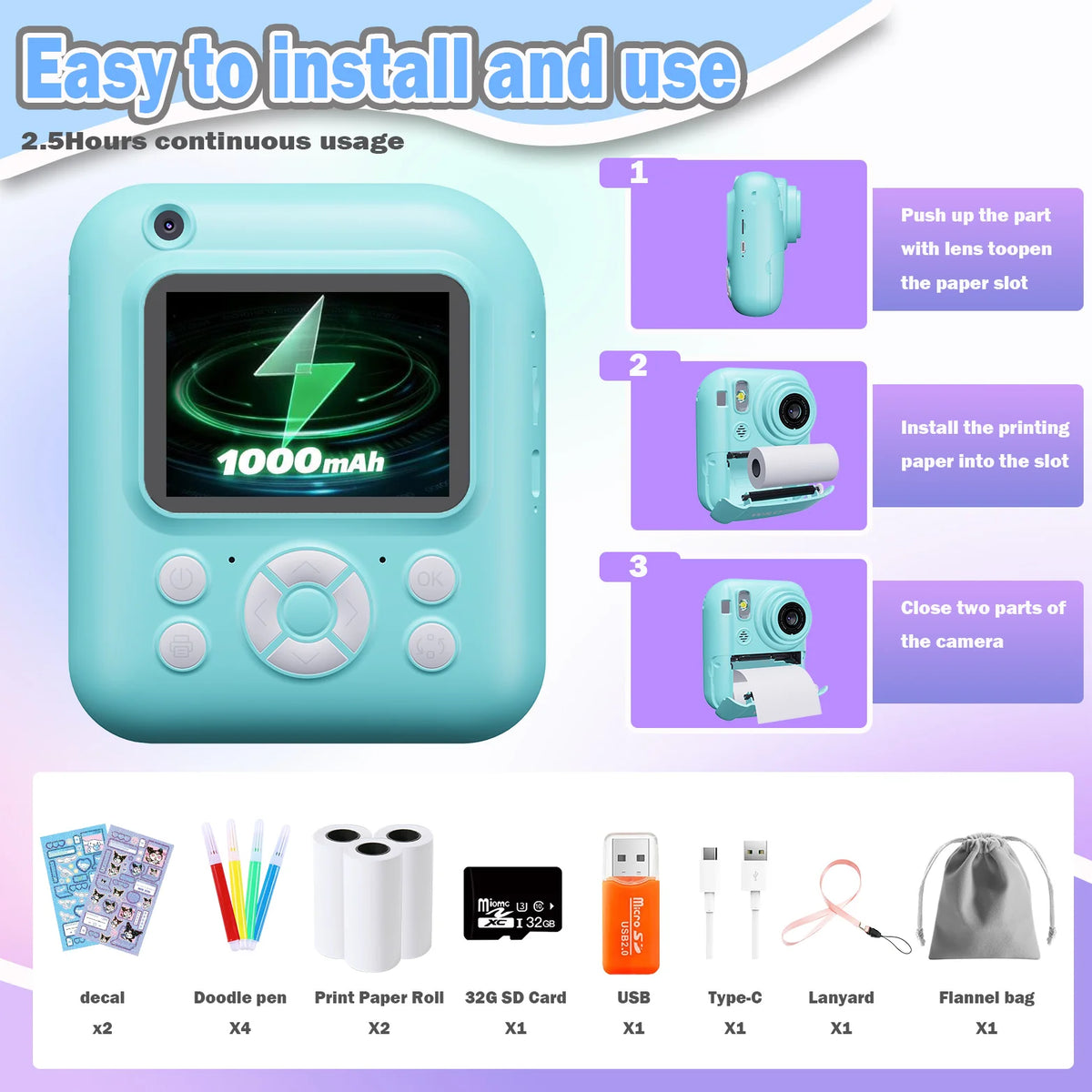 Instant Print Camera Digital Camera With 3 Rolls Print Paper, 1080P HD Ditigal Camera 2.4 Inch Screen, Selfie Video Camera, USB Cable/Color Pen/Bag/ Included, electronics,Small For Boys Girls Teens Students Seniors,Christ