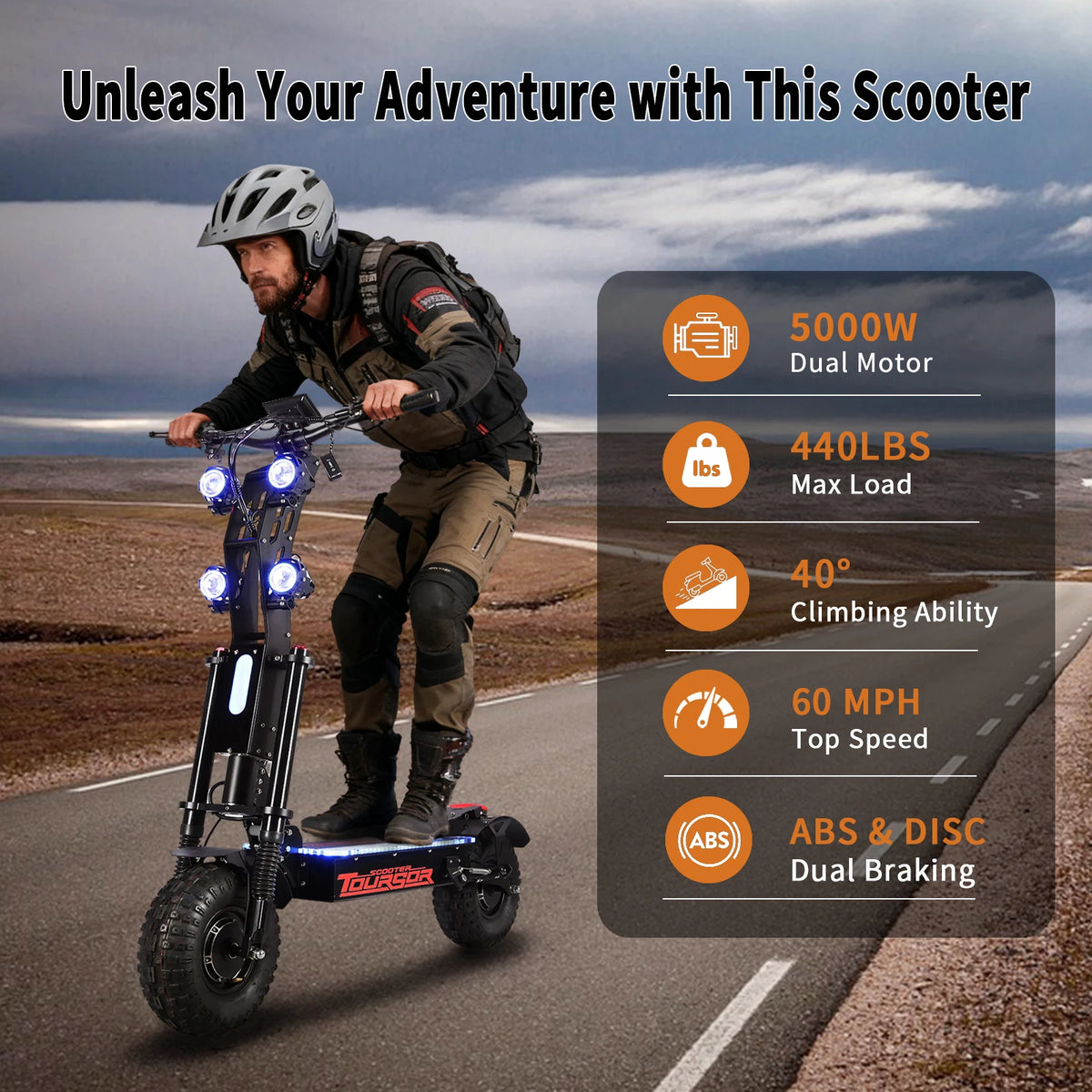 TOURSOR X14-60V Electric Scooter Dual Drive 60V 50AH 10,000W Motor 65 MPH Speed 70 Mile Range with 13" Off-Road Tires