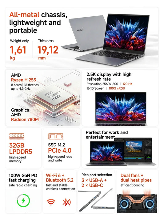 Firebat U6C 16” Gaming Laptop AMD Ryzen7 H255 8C/16T LPDDR5 32GB RAM M.2 PCIe4.0 1TB SSD WiFi6 BT5.2 16inch 2K 120Hz Screen Multi-functional Type-C 100W PD Windows11 Desktop Computer