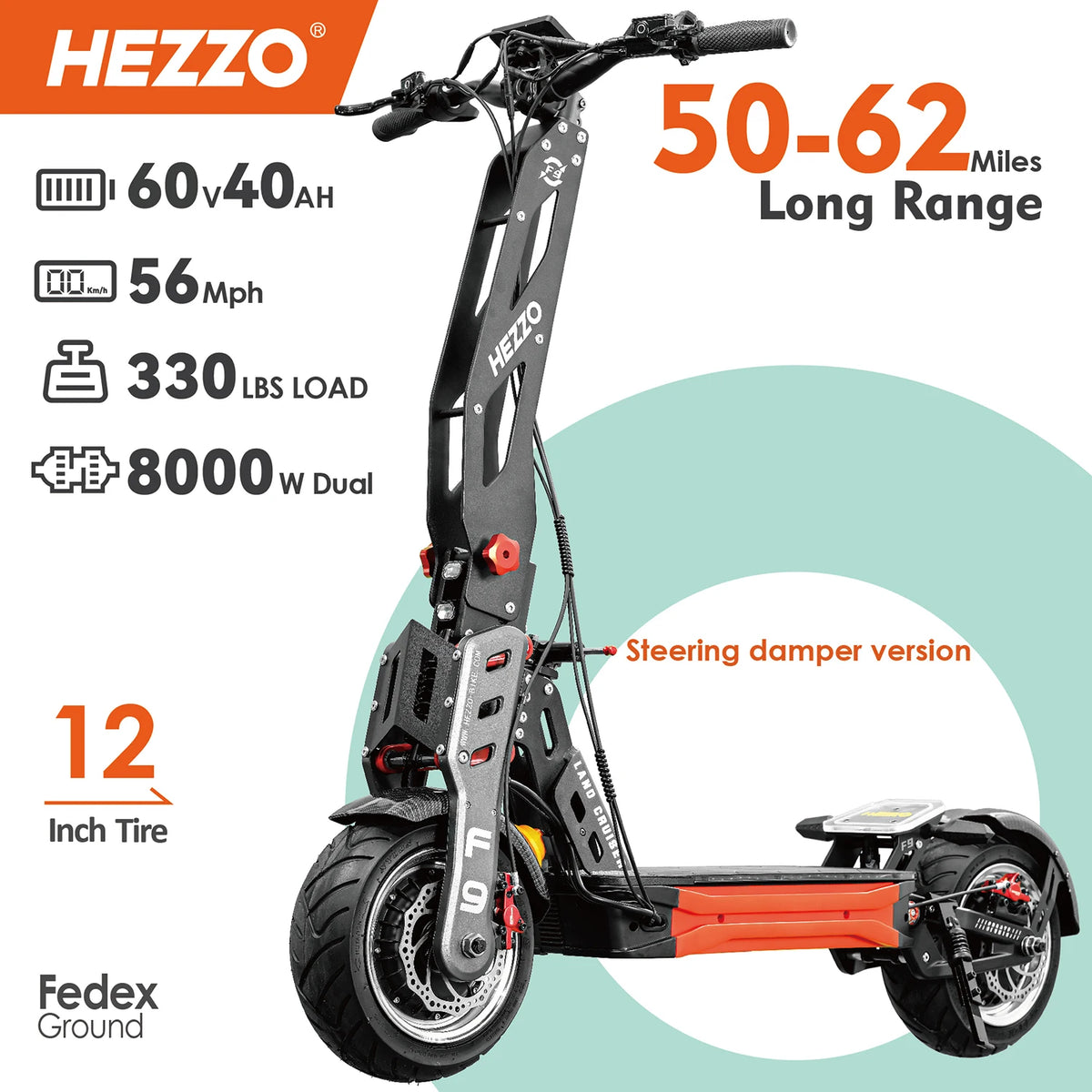 HEZZO F9 Folding Electric Scooter 12Inch Aluminum Alloy E-Scooter 60V 8000W Dual Motors 53Mph Powerful Escooter 40Ah 63Miles Long Range Hydraulic Oil Brakes Waterproof Offroad Scooter