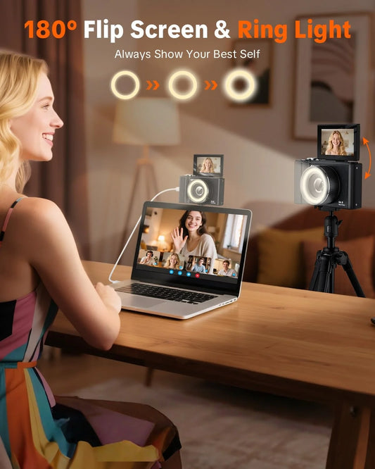4K Digital Camera for Photography,4k Camera with Ring Light,180° Flip Screen Camera for Vlogging with Beauty Mode,Point and Shoot Digital Cameras for Beginner with SD Card,Christmas Gift