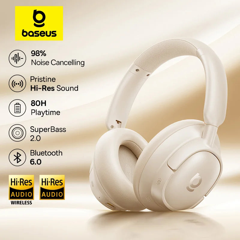 Baseus Bass Wireless Headphones Bluetooth 6.0 98% Noise Canceling Over Ear Headset Spatial Audio Earphone 80H Time - Boltvibewarehouse