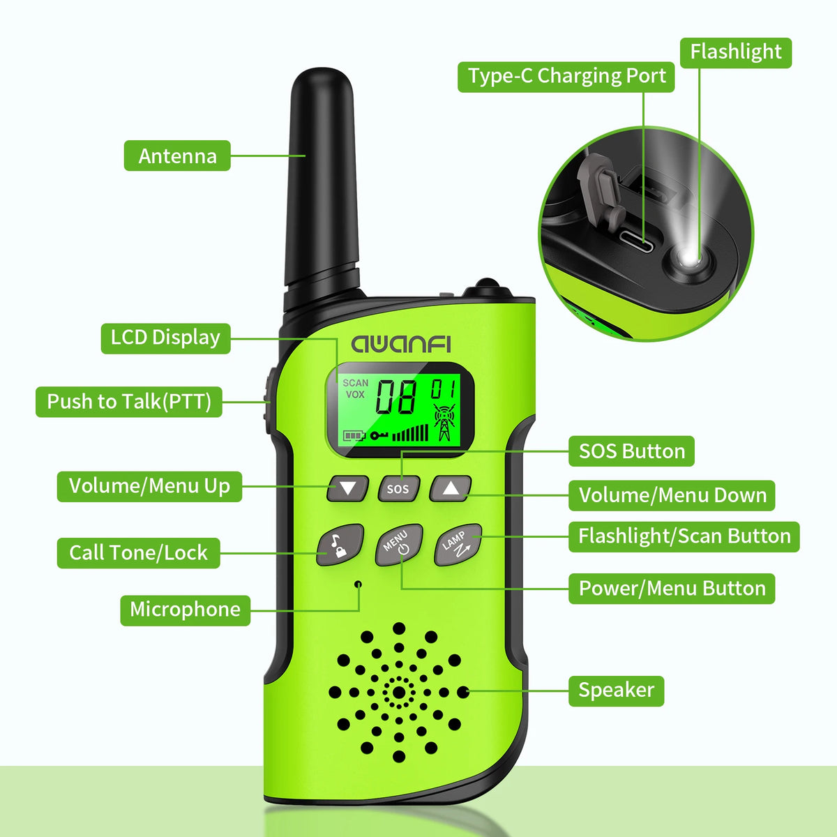 AWANFI Walkie Talkies 4 Packs Rechargeable for kids, Long Range Flashlight 8 Channel, USB Type C for Camping, Hiking, Gifts