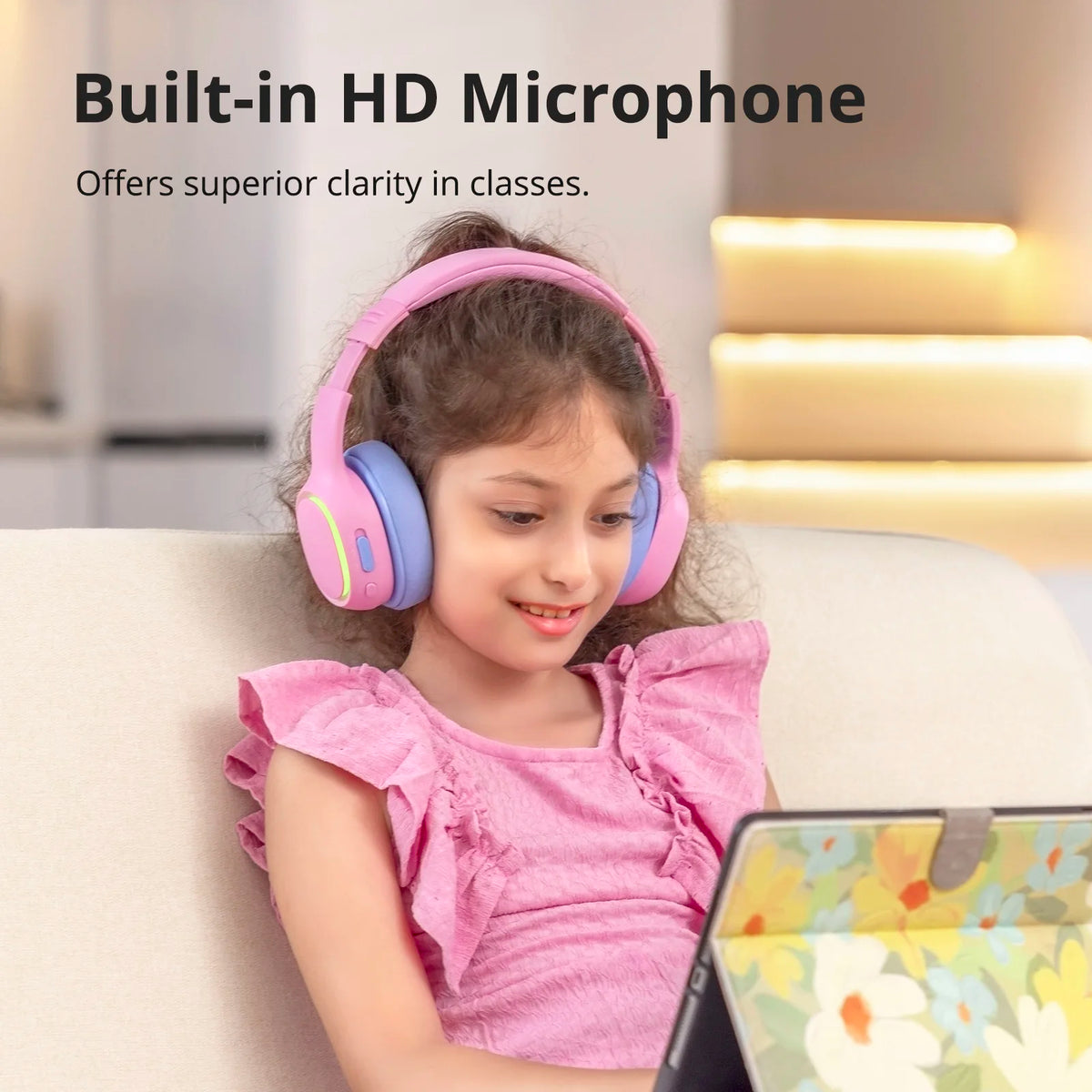 Tronsmart KH03 Active Noise Cancelling Kids Headphones, Foldable Bluetooth Headset with HD Mic for Class Clarity, Soft Protein Earpads, 7-Color LED, Safe Volume Limit, 70H Battery for Travel/Study