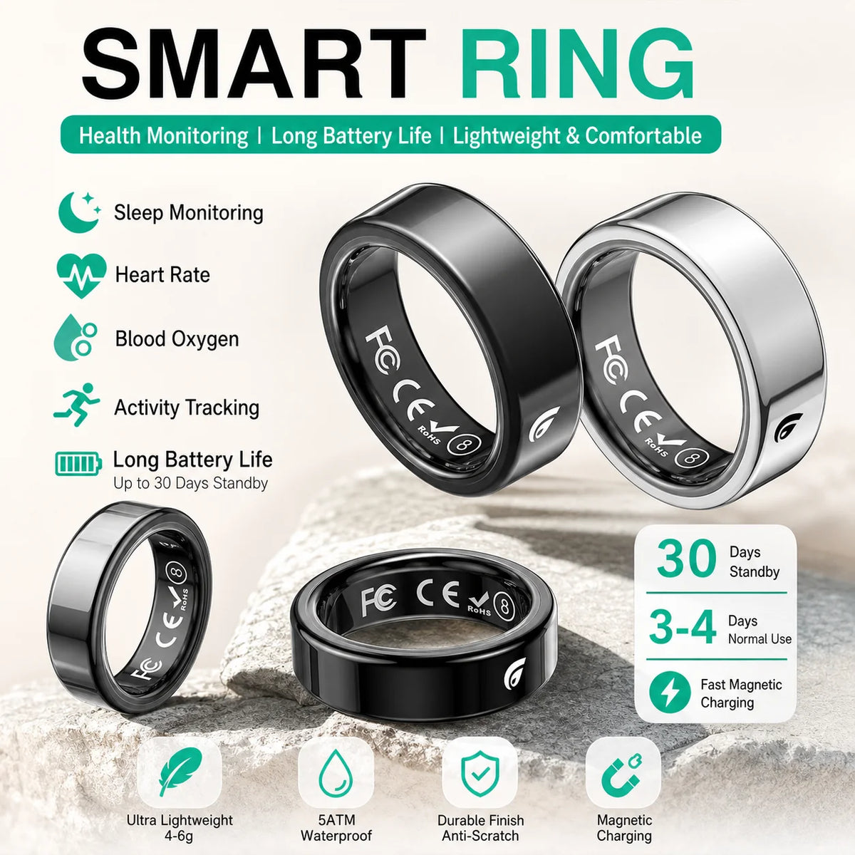 Smart Ring Fitness Tracker Activity Tracker Sleep Monitor Health Tracker Smart Ring for Men Women iPhone Android 2026