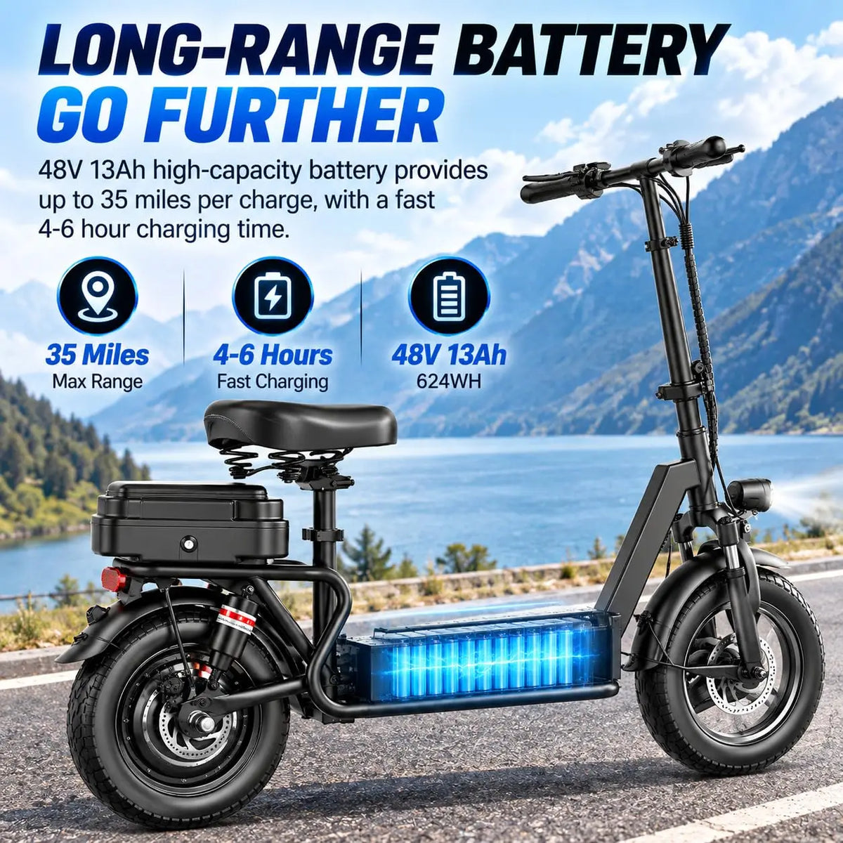 Misodo Electric Scooter with Seat, 1200W Peak Motor, Max 25 MPH Speed, 35 Miles Long Range, 14" Foldable Commuting E-Scooter, Dual Suspension, Rear Storage Box, UL2272 Certified