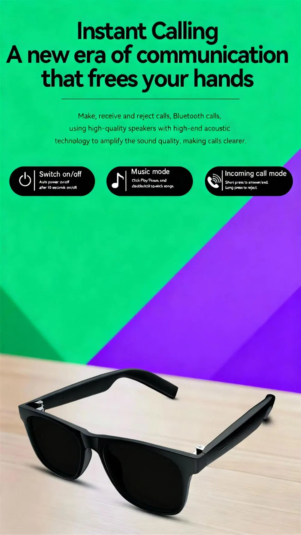 2026 HOT Smart Glasses Touch Controls Wireless BT Calls Hands-Free Calling Music Motion Stereo Surround Sound Speaker Glasses
