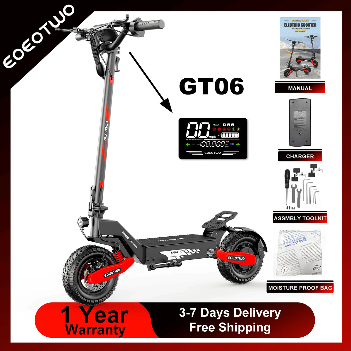 EOEOTWO GT06 Electric Scooter for Adults, 1200W Motor, Up to 30 MPH, 20/40 Miles Long Range, 11" Off-Road Tubeless Tires, Dual Suspension, Dual Disc Brakes, Foldable Commuter E-Scooter
