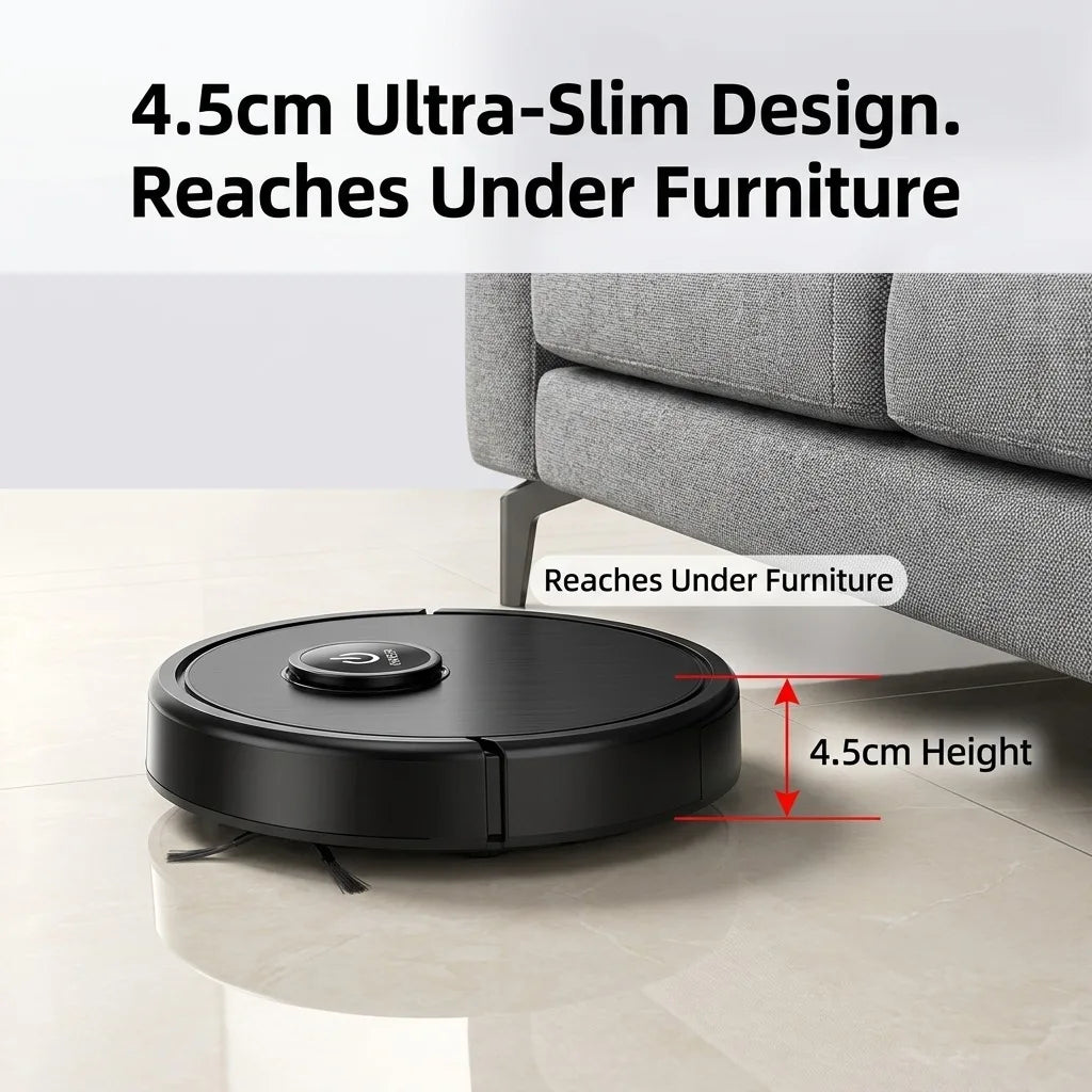 Robot Vacuum Cleaner 3-in-1 Sweeping Mopping Suction, 4.5cm Ultra-Slim Robotic Vacuum with 45dB Low Noise, Smart Obstacle Avoidance, USB Rechargeable Floor Cleaner for Hardwood Floor, Pet Hair, Home Gift