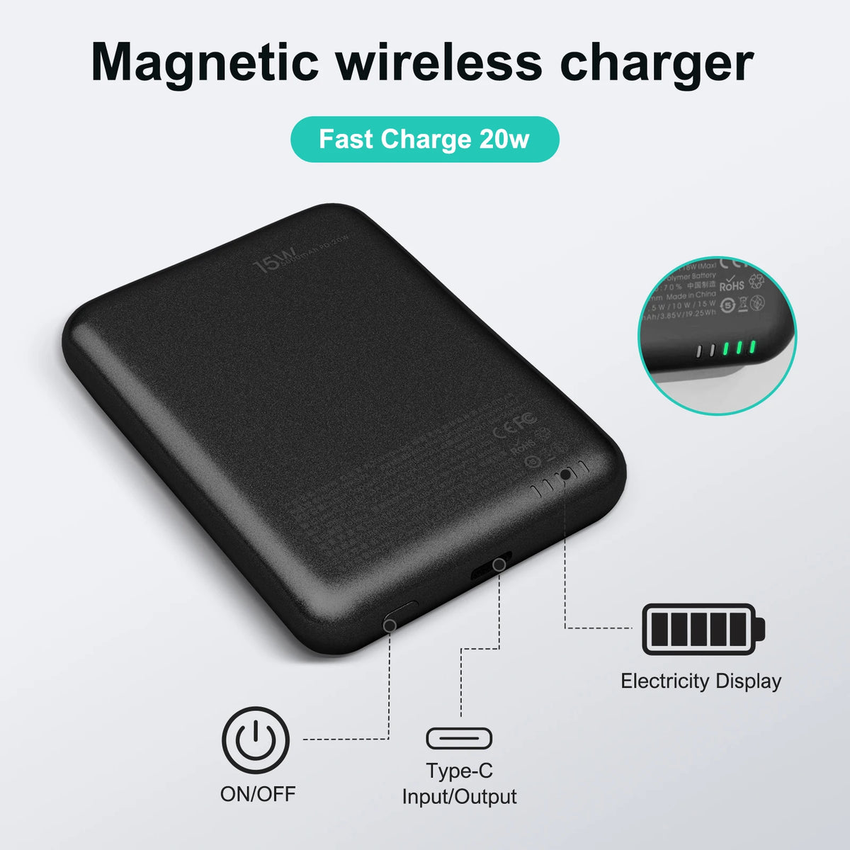 5000mAh Magnetic Power Bank Wireless Portable Charger 20W Fast Charging Output USB-C MagSafe for iPhone16 15 14 Powerbank