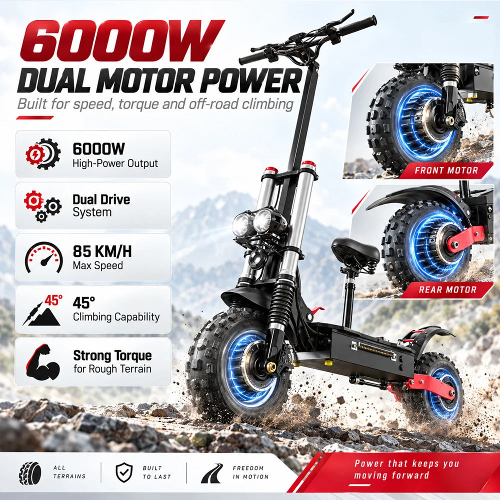 X60 72V 30AH 6000W Dual Motor Electric Scooter 85km/h 90-100km Range 11" Off-Road Tires Overseas Warehouse Shipping
