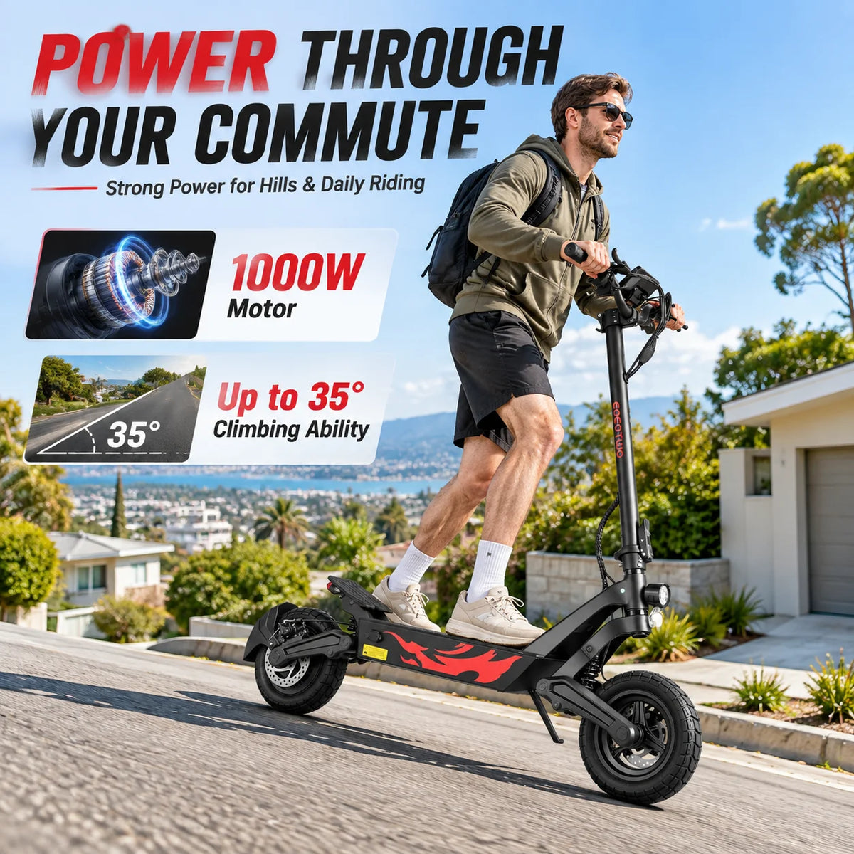 EOEOTWO Electric Scooter, 1000W Motor, 10" Solid Tires, 25 Miles Range, 25 Mph Folding Commuter Electric Scooter for Adults with Double Braking System and Dual Suspension