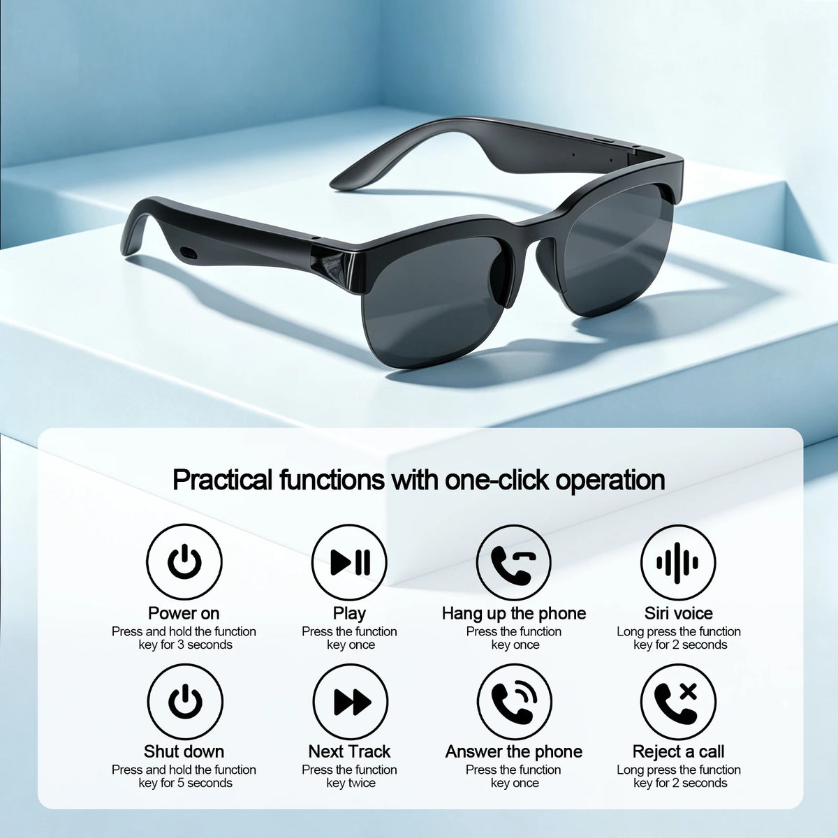 Bluetooth Smart Audio Glasses, Wireless Open-Ear Sunglasses with Built-In Speakers and Microphone, Hands-Free Music & Phone Calls, Portable Sports Eyewear for Running, Cycling, Gym, Cooking, Driving, Travel, Work, iPhone Andr