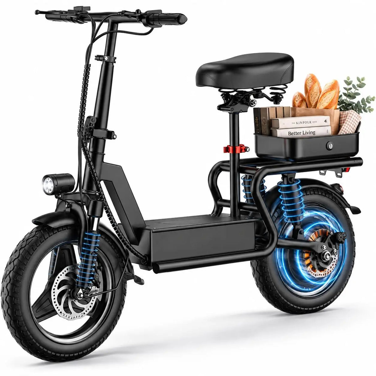 Misodo Electric Scooter with Seat, 1200W Peak Motor, Max 25 MPH Speed, 35 Miles Long Range, 14" Foldable Commuting E-Scooter, Dual Suspension, Rear Storage Box, UL2272 Certified