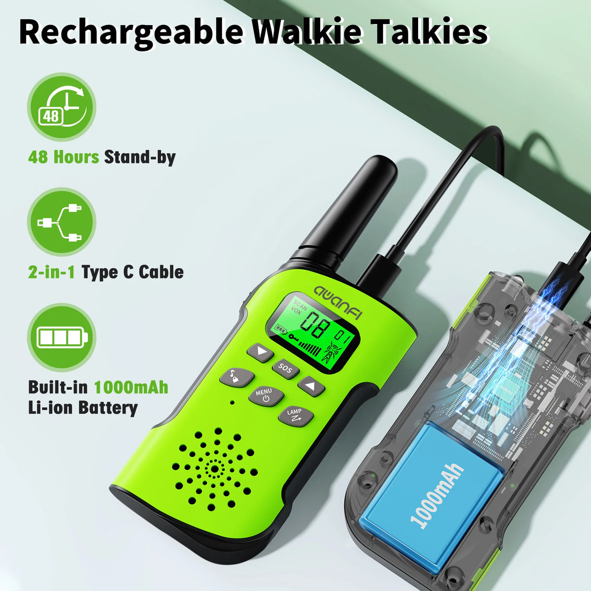 AWANFI Walkie Talkies 4 Packs Rechargeable for kids, Long Range Flashlight 8 Channel, USB Type C for Camping, Hiking, Gifts