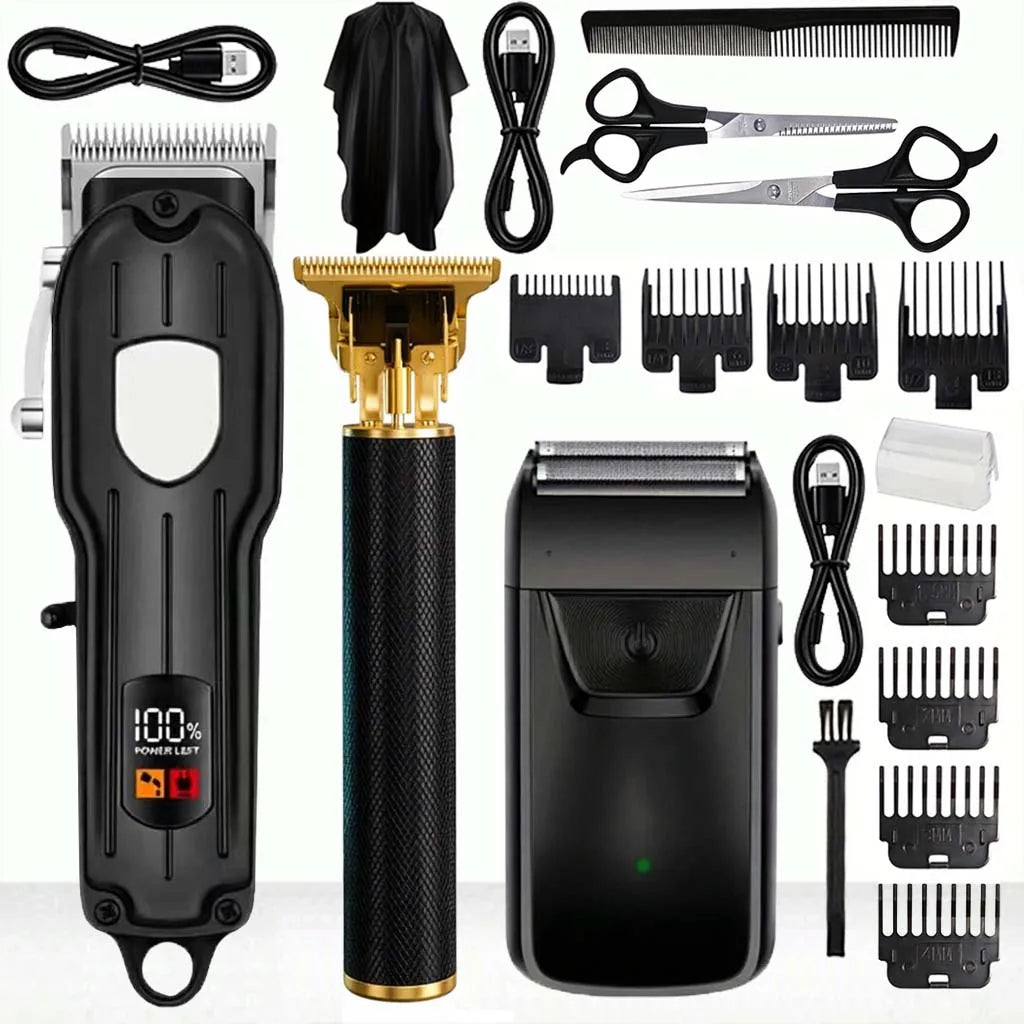 Professional Cordless Hair Clipper Set with LCD Display, Rechargeable Electric Trimmer for Men, Beard & Nose Hair Trimmer All-in-One Grooming Kit , Barber Tools with Combs & Scissors - Perfect Gift for Him