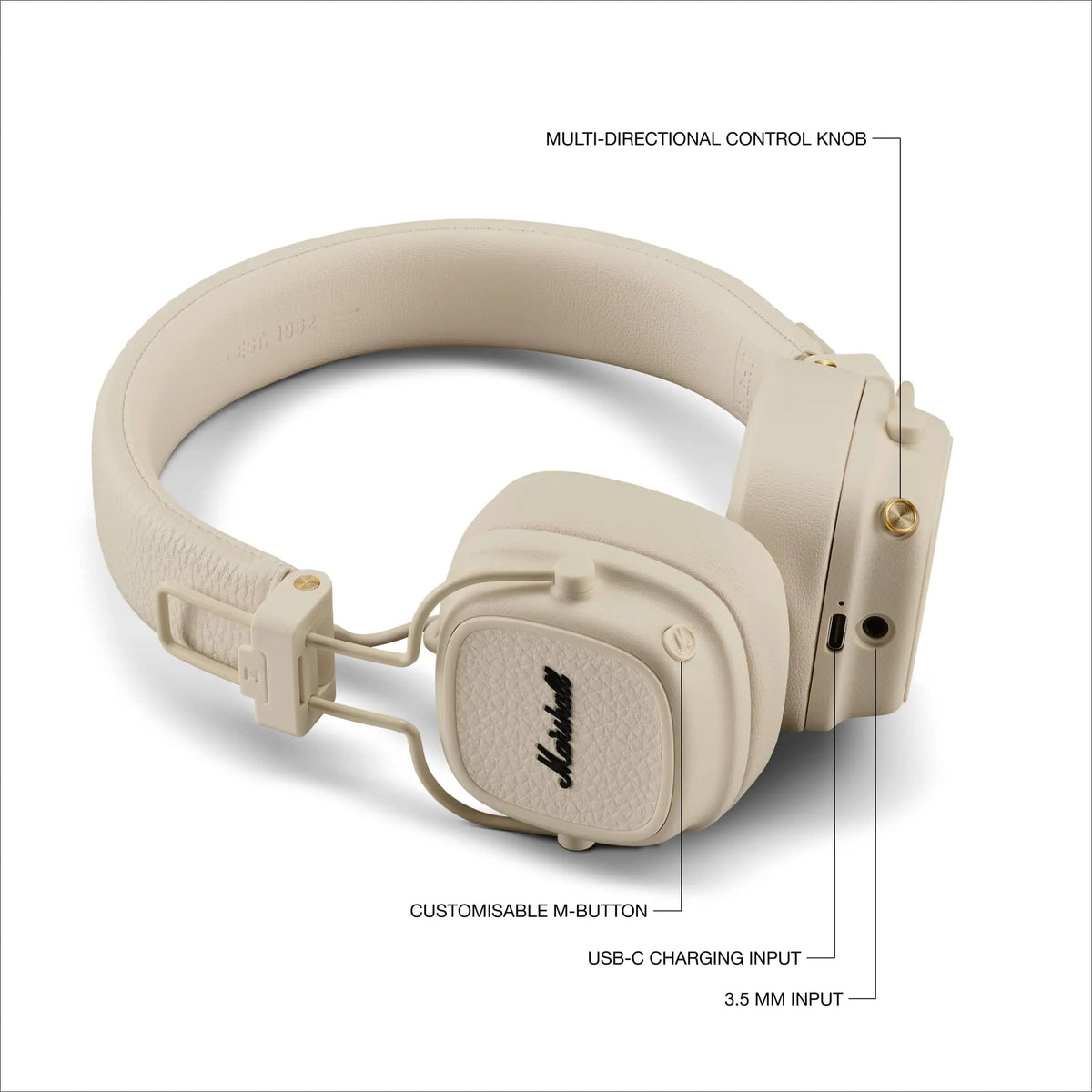 Marshall Major V Wireless On-Ear Bluetooth Headphones , 100+ Hours Playtime, Bluetooth 5.3, Wireless Charging, 40mm Dynamic Drivers, 3.5mm Audio, Built-in Mic, Foldable Design, M-Button, Multipoint USB-C, EQ