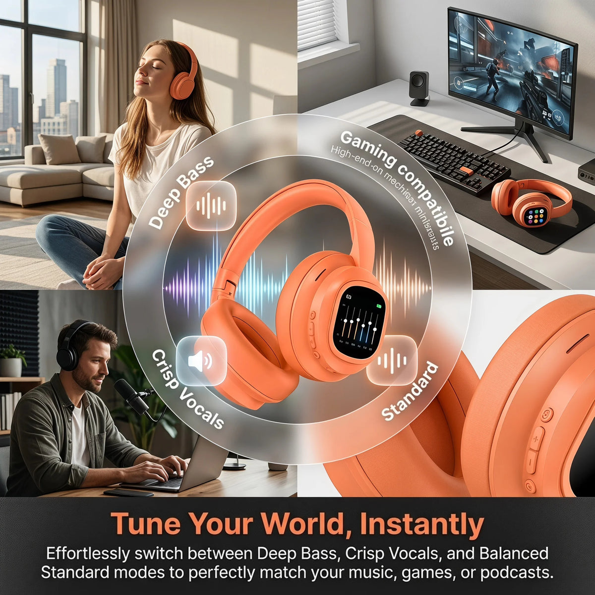 Over‑Ear Bluetooth Headphones with Detachable Magnetic Touch Screen, Wireless Headset, Noise Cancelling, Hi‑Fi Stereo Sound, Foldable Headphone for Phone, PC