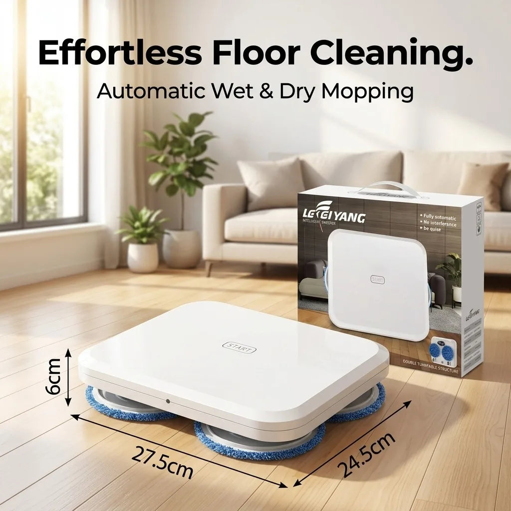 Robot Mop Cleaner, Automatic Dual Turntable Smart Mopping Machine for Hard Floors, Wet and Dry Use, Slim 6cm Low Profile for Under Furniture, Intelligent Home Floor Sweeper, 27.5 x 24.5cm