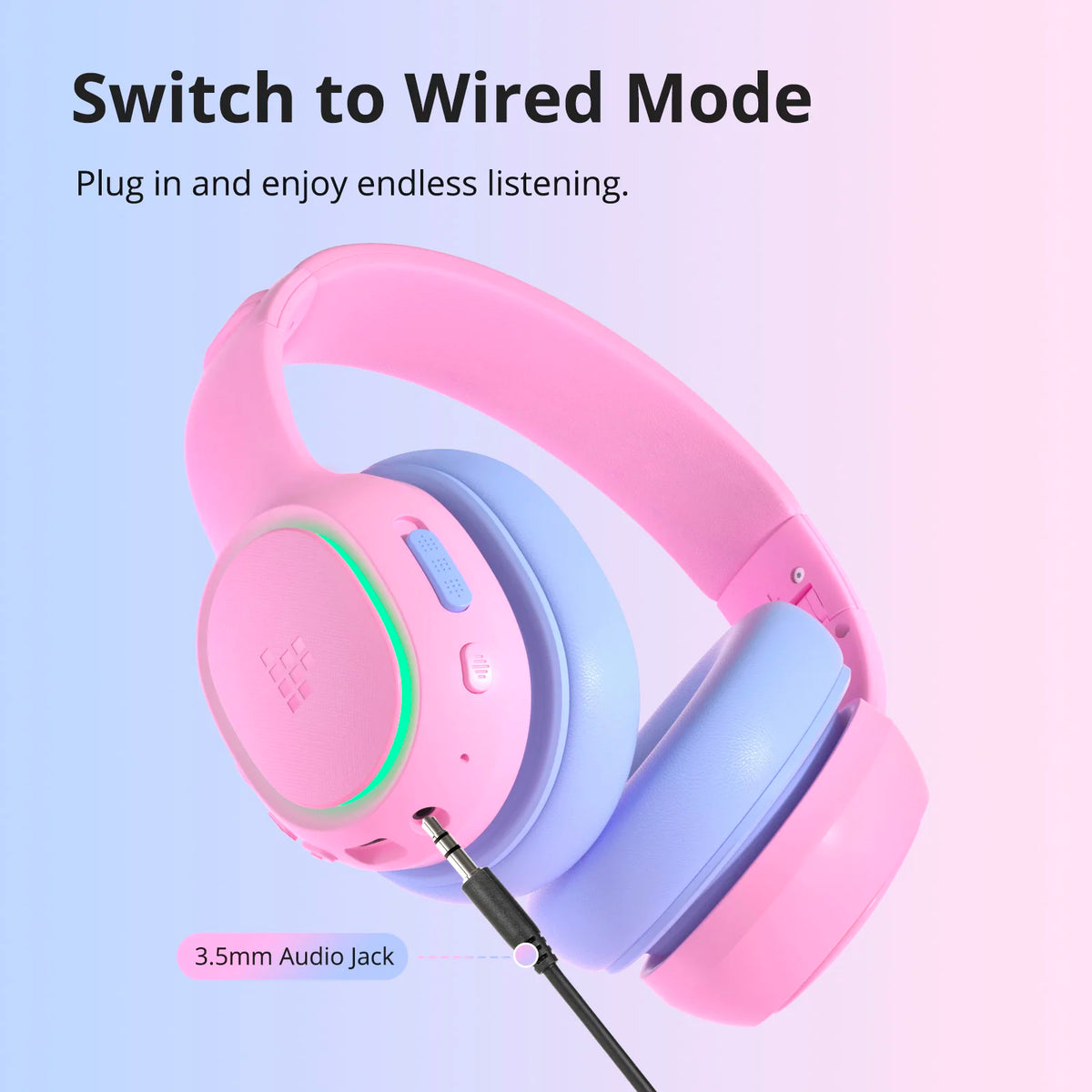 Tronsmart KH03 Active Noise Cancelling Kids Headphones, Foldable Bluetooth Headset with HD Mic for Class Clarity, Soft Protein Earpads, 7-Color LED, Safe Volume Limit, 70H Battery for Travel/Study