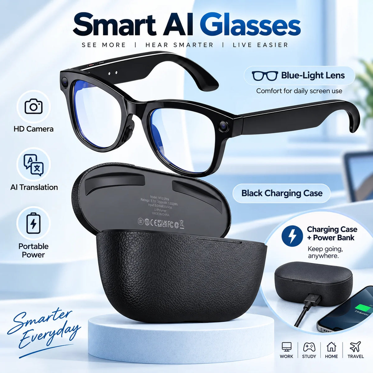 2026 Smart AI Glasses 1080P HD Camera M02 Ultra ChatGPT 3600mAh Charging Case Power Bank 32GB Translation Music Video Sunglasses