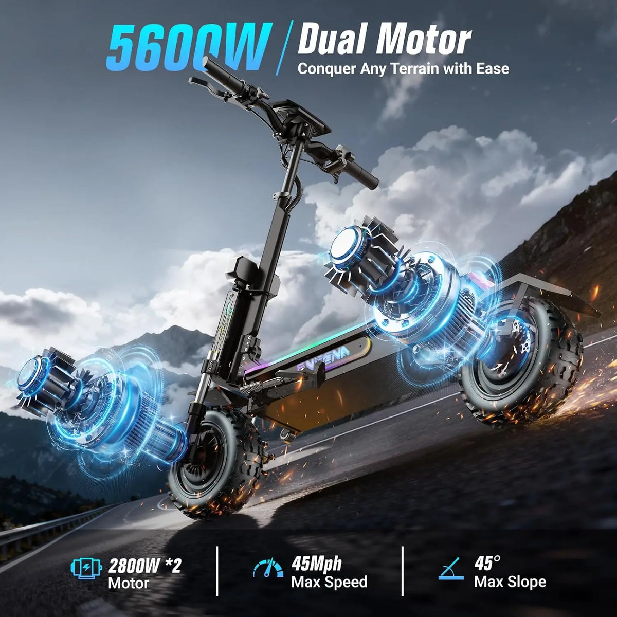 ONECNA GT7 Electric Scooters Adults- 5600W Dual Motor, 45 MPH Fast Escooter 55 Miles Long Range Battery E Scooter for Adult, 11 Inches Off Road Tires Foldable E-Scooters