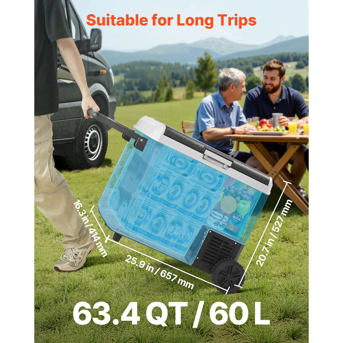SucceBuy 12 Volt Car Refrigerator 60L Car Fridge Portable Electric Cooler with Wheels and Handle for Outdoor Camping Travel Use