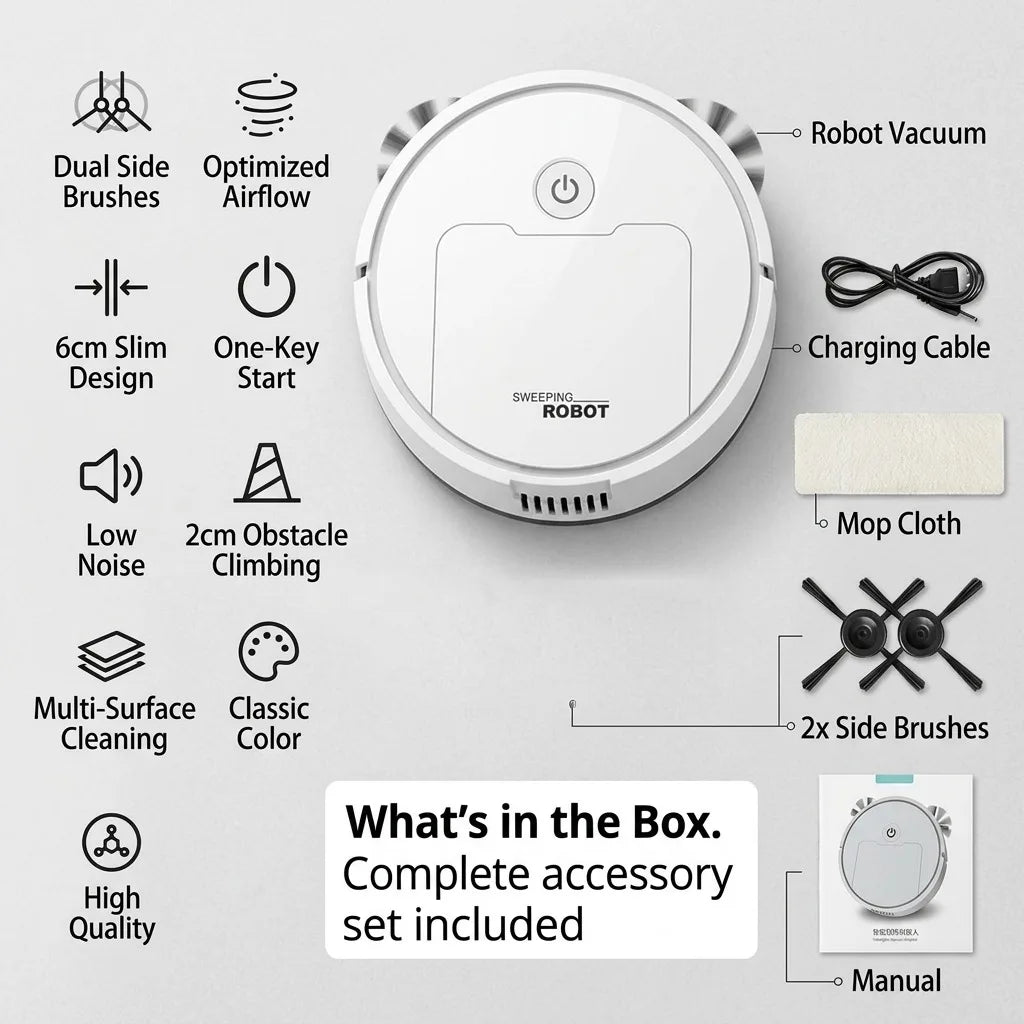 Robot Vacuum Cleaner, 3-in-1 Mini Smart Sweeping Mopping Vacuum Machine, 6cm Ultra-Thin Automatic Floor Sweeper for Pet Hair, Hardwood, Tile, Quiet One-Touch Operation, Slim Design for Under Furniture