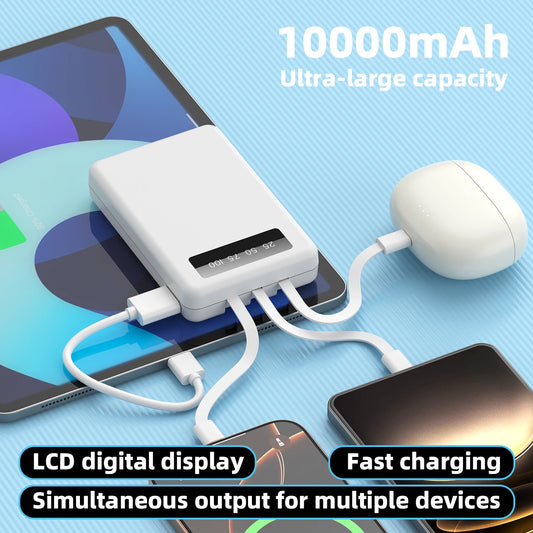 Mini Slim 10000mAh Portable Power Bank, Built-in LED Digital Display, 1 USB-A Port & 3 Integrated Cables, Small Lightweight Design, Multi-Device Simultaneous Charging for Travel, Camping and Emergency, Compatible with Android