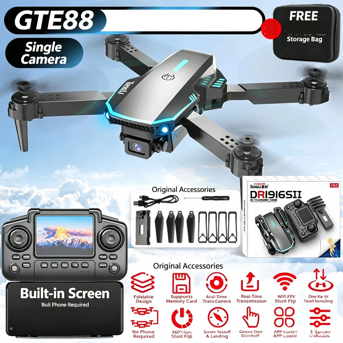 TONGLI Foldable Drone RC Quadcopter with 3.1‑Inch Large‑Screen Remote Control Single‑Camera Aerial Version One‑Key Takeoff Gesture Photo Headless Mode Long Battery Life Long‑Range Portable FPV Aircraft for Teen & Ad