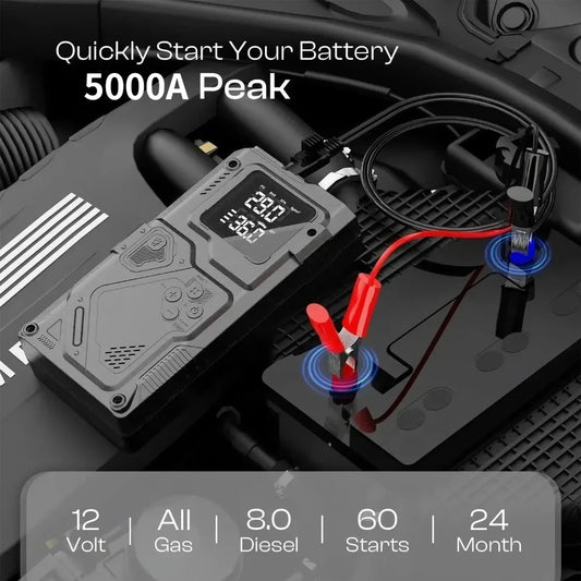 6 in 1 Jump Starter with Air Pump Peak 5000A Booster 150PSI Tire Inflator 8L Gas/4L Diesel with DC Power Cord 400LM Flashlight