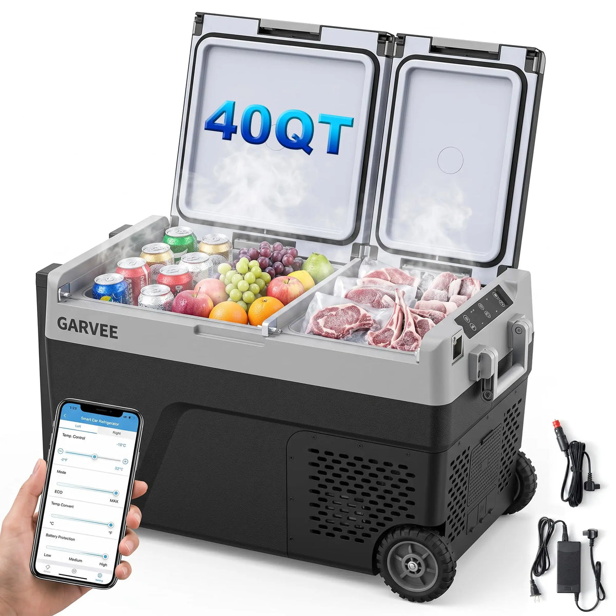 40QT(38L) Car Refrigerator,12/24V DC & 100-240V AC Compressor Electric Cooler,Dual Zone,APP Control,-4℉-68℉,Portable Refrigerator with Wheels for Outdoor Camping,Travel Vehicles Home Use