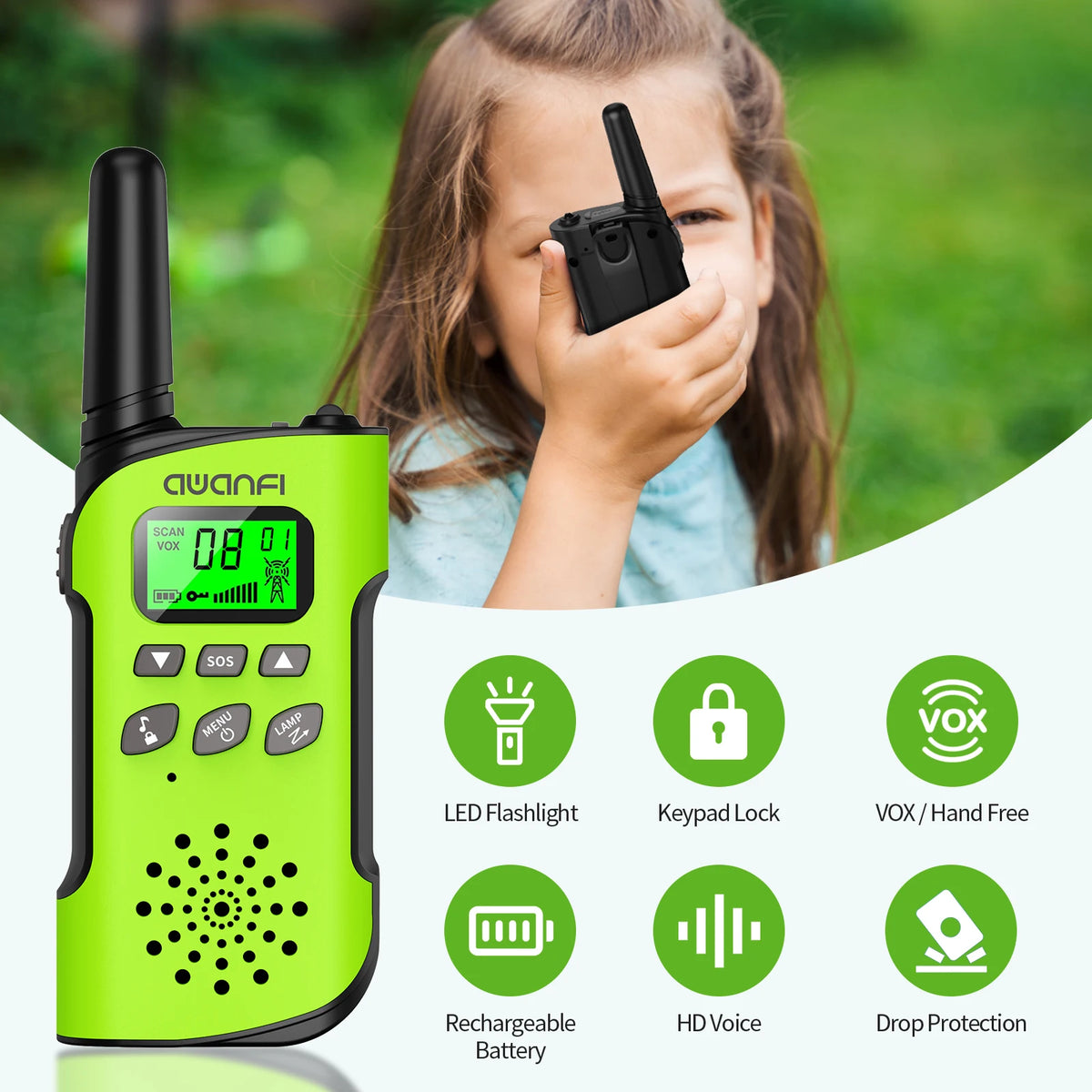 AWANFI Walkie Talkies 4 Packs Rechargeable for kids, Long Range Flashlight 8 Channel, USB Type C for Camping, Hiking, Gifts