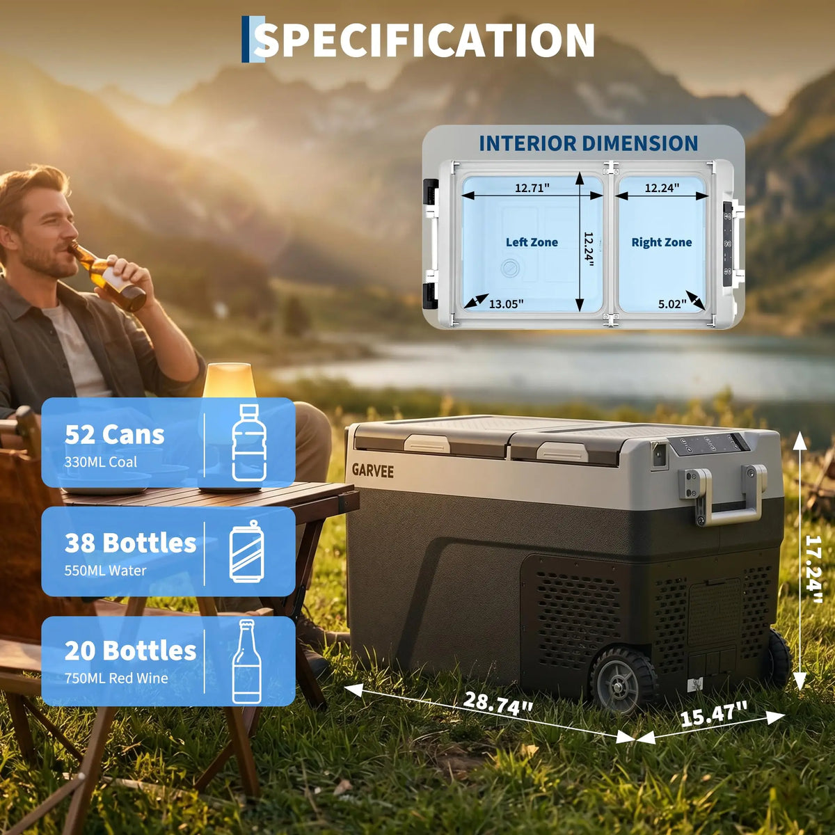 40QT(38L) Car Refrigerator,12/24V DC & 100-240V AC Compressor Electric Cooler,Dual Zone,APP Control,-4℉-68℉,Portable Refrigerator with Wheels for Outdoor Camping,Travel Vehicles Home Use