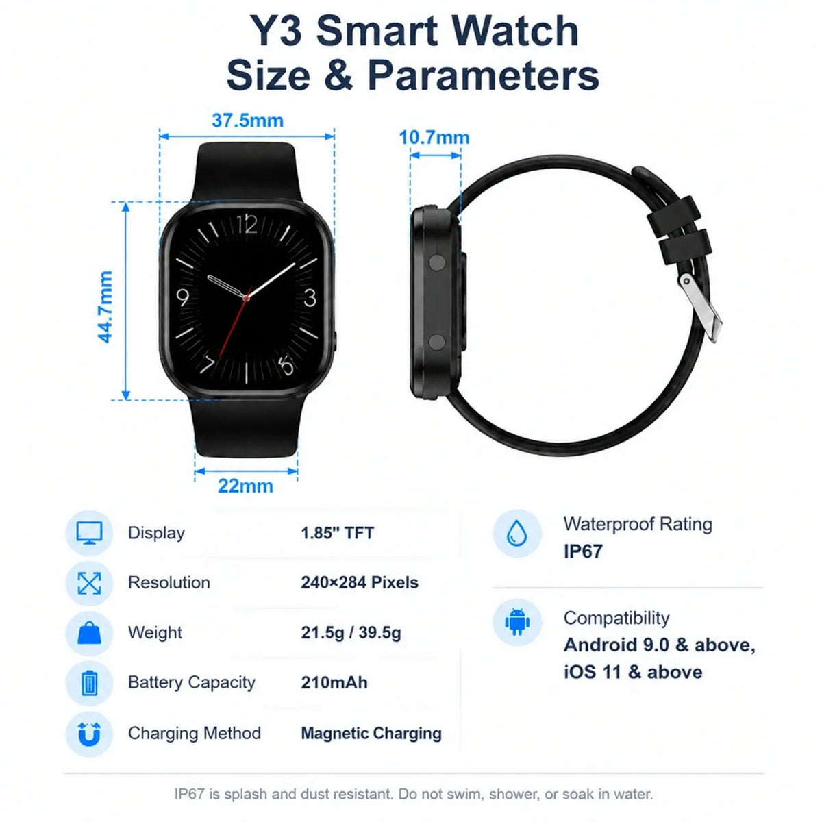 Y2 Smart Watch Bluetooth Call 1.88" TFT Screen IP67 Waterproof Fitness Watch Heart Rate Blood Oxygen Monitor 210mAh Magnetic Charging Sports Smartwatch for Android iOS