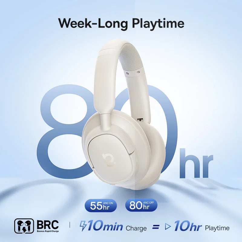 Baseus Bass Wireless Headphones Bluetooth 6.0 98% Noise Canceling Over Ear Headset Spatial Audio Earphone 80H Time - Boltvibewarehouse