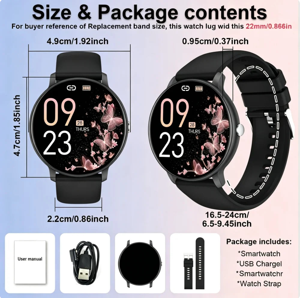 Smart Watch with Full Touch Screen, Wireless Calls, Message Notifications, USB Charging, Health Tracker, Music Playback, Wallpaper, Multiple Sports Modes for iPhone & Android - Ideal Gift for Life