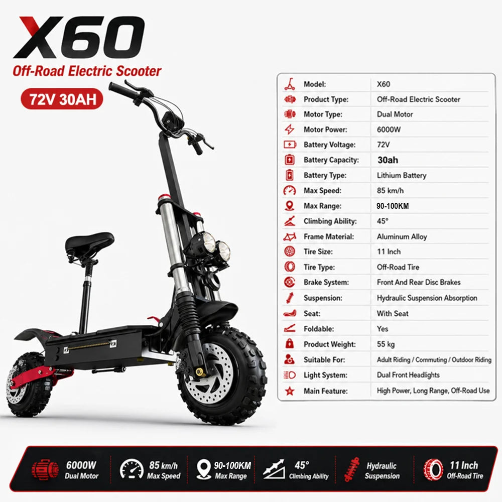 X60 72V 30AH 6000W Dual Motor Electric Scooter 85km/h 90-100km Range 11" Off-Road Tires Overseas Warehouse Shipping
